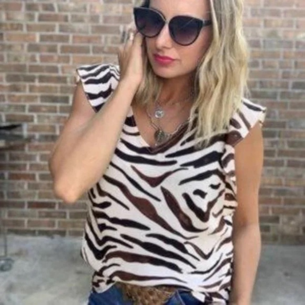 CAbi Simone Zebra Print Tank Top Sleeveless Blouse Shirt V Neck Flutter
